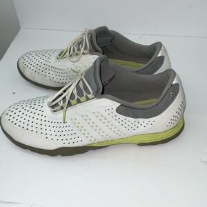 adidas White and Gray Athletic Shoes with Green Accents